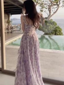 Casual Dresses Women Sleeveless Dress Gentle Sweet Korean Style Fashionable Summer All-match Purple Flower Print Ruffles Fairy Sundress