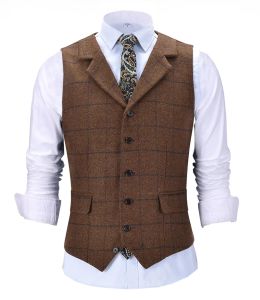 Gilet Casual Gentiluomo da uomo Verde militare Gilet scozzese Morbida lana Marrone Giacca in tweed Gilet da lavoro per Groosmen Best Man Wedding