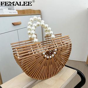 Evening Bags Pearl Chains Bamboo Woven Hand For Women Semicircle Hollow Vacation Purses And Handbags Luxury Half Round Crossbody Bag