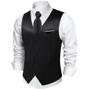 Kamizelki czarna satynowa kamizelka z luksusowymi kieszonkowymi spinki do mankietów dla mężczyzny moda modna