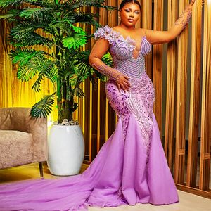 2024 Aso Ebi Mermaid Lilac Prom Dress Beaded Crystals Luxurious Evening Formal Party Second Reception 50th Birthday Engagement Gowns Dresses Robe De Soiree ZJ140