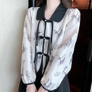 Blusas femininas 2024 início do outono estilo chinês pan botão chiffon camisa de manga longa única moda impressão blusa topo feminino