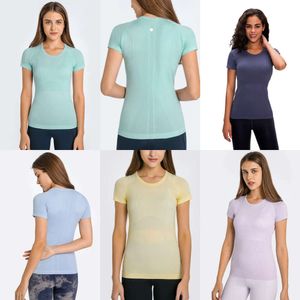 Lu feminino manga curta yoga topo em torno do pescoço magro ajuste camisa esportiva de secagem rápida correndo tanques moda respirável camiseta ao ar livre roupas fiess