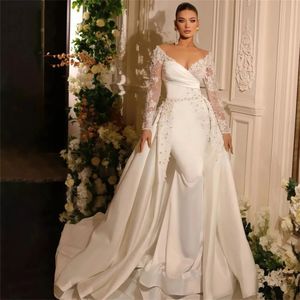 Elegante elfenbeinfarbene Satin-Meerjungfrau-Brautkleider mit abnehmbarer Schleppe, 3D-Blumen-Spitzenapplikationen, lange Ärmel, Brautkleider, Perlen und Perlen, sexy Braut-Empfangskleid