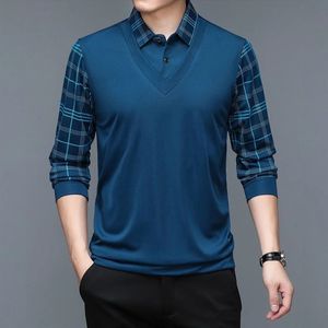 Bahar Uzun Kollu Polo Mens T-Shirt yaka gevşek şerit alt moda rahat kazak kıyafetleri iş düğmesi gömlekleri 240307