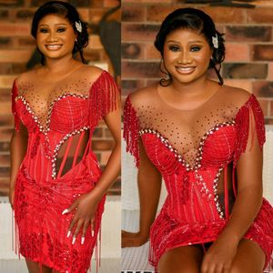 2024 Plus Size Red Cocktail Dresses Graduation Short Prom Dresses Illusion Sheer Neck Beading Tassel Sequined Lace Mini Dress for African Black Girls Birthday C076