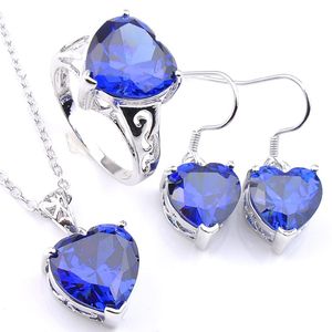 Luckyshine Mix 3 pezzi / lotto cristallo antico cuore di fuoco topazio blu zirconi gemme argento sterling 925 pendenti di nozze anello orecchino Jewe206p