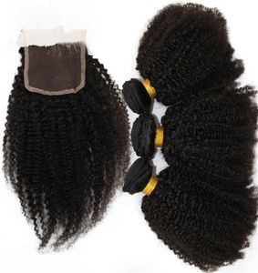 7a tecer cabelo humano brasileiro afro kinky encaracolado com fechamento médio três partes fechamento de renda com pacotes 7755539