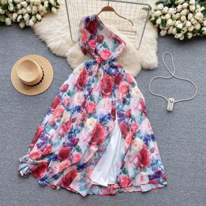 2024 Casual Dresses Summer Bow One Shoulder Holiday Maxi Dress Women Irregular Oblique Sleeveless Red Rose Print Beach Boho Long Vestidos