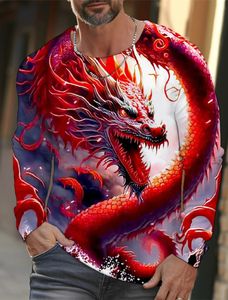 Vintage Mens Long Sleeve Tshirt 3D Print Shirts Fashion Animal Dragon Graphics Men Overdimased Streetwear Tops Tees 240223