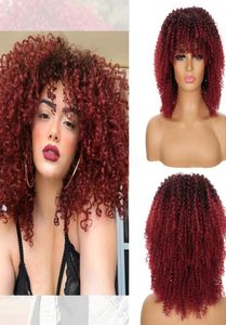 Cabelo curto afro kinky encaracolado perucas com franja sintética africana ombre 1 borgonha perucas sem cola para preto feminino alta temperatura 4338443