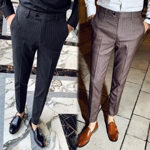 Брюки 2023, модные полосатые костюмные брюки, мужские облегающие узкие брюки высокого качества, мужские офисные брюки для вечеринок, мужские повседневные деловые брюки