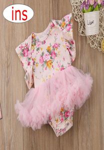 Girls Romper Pink Rose Floral Flowers Flying Sleeves Jumpsuit Chiffon Tutu Floral Rompers Lace Edge Breathable Summer Clothes Outf1309189