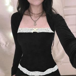 Women's T Shirts Lace Trim Suqare Collar T-shirt Korean Grunge Long Sleeve Slim Fit Tees Cottage Y2K Eesthetic Retro Milkmaid Crop Top Top