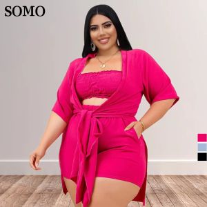 Conjuntos 2022 elegante cor sólida rendas até roupas de verão feminino sexy tubo superior plus size três peças conjuntos curtos atacado dropshipping