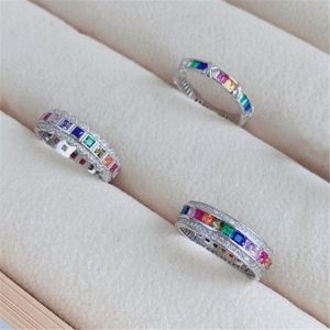 Bohemia Rainbow 925 Sterling Srebrny luksusowy pierścionki biżuterii Kolorowe 5A Square Cyrconia Designer Ring for Woman Party Wedding Enga2387