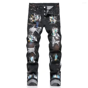 Jeans masculinos pintados denim botão remendos retalhos preto estiramento calças buracos rasgados angustiados calças cônicas finas