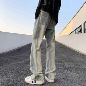 Calça estilo American Vibe para homens 2024 primavera e outono High Street lavado amarelo tingido de lama com roupas de trabalho micro alargadas perna reta