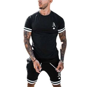 Mens Summer Patchwork Short Sleeved Shorts Set for Sports and Leisure+