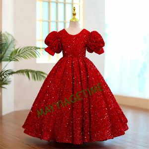 Красное платье с блестками и короткими рукавами для девочек-цветочниц на свадьбу до щиколотки, детские бальные платья для первого причастия, дня рождения 240306