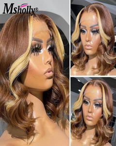 Highlight Brown Short Bob Human Hair Wig Pre Plucked 13X4 Natural Wavy Lace Front Transparent Synthetic Wigs For Black Women7147733