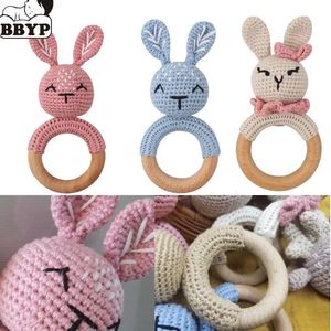 Baby Rattle Crochet Animal Rabbite Teether Wooden Ring Handmade Toy A Free Wood Teething Bracelet Nurse Gift Product 240226