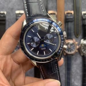 44 mm samiec na rękę na rękę zegarek mechaniczny Automatyczny zegarek mechaniczny księżyc faza niebieski czarny skórzany pasek szafirowy kryształowy wodoodporność 203i