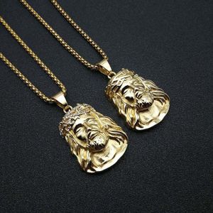 Pendant Necklaces Hip Hop Rhinestones Paved Bling Iced Out Gold Color Stainless Steel JESUS PIECE Pendants Necklace For Men Rapper269J