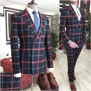 Anzüge Neu im Karomuster Herrenanzug Rot Blau Linie Slim Fit Jacke Hose Zweireiher Blazer Hose Hochzeit Kleidung Party Wear Outfit