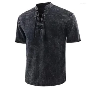 Homens camisetas Moda Camisa Oversize para Homens Manga Curta Vintage Sólido Camiseta Eaby Medieval Lace-Up V Pescoço Solto Casual Top