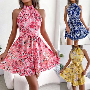 2024 최신 플로럴 드레스 매달린 목 소매 레벨 레이스 up ruffle 드레스 패션 여자 스트리트웨어 캐주얼 의류