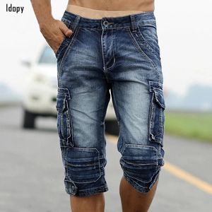 Idopy Summer Male Retro Cargo Denim Shorts Vintage Acid Washed Faded Multi-Pockets Militärstil Biker Jeans för män 240306