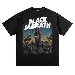 Black Sabbath Metal Rock Band Sıkıntılı Baskı Kısa Kollu Tişört Gevşek Omuz Yüksek Sokak Vintage