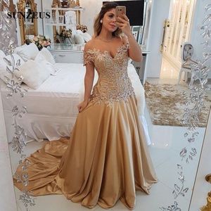 Gold Evening Dresses Long Satin Formal Dress A-line Sweetheart Off Shoulder Beaded Party Gowns vestido elegante mujer de noche288Z