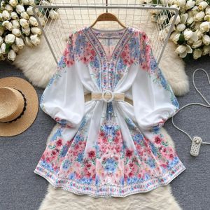 Vestidos casuais básicos femininos primavera verão flor praia vestido pista com decote em v lanterna manga botões para baixo cinto de cintura alta a linha mini vestidos 2024