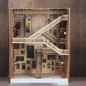 DIY Wooden Dragon Alley Stairs Książka Zestawy wkładki Nook Shelf Miniatur z meblami sztuki Bookends Toys for Adults Prezenty 240304