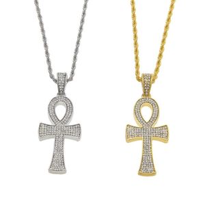 Egyptisk Ankh -nyckel Key Gold Silver Cross Pendant Necklace Chain Bling Full Rhinestone Crystal Cross Pendant Punk Jewelry293w