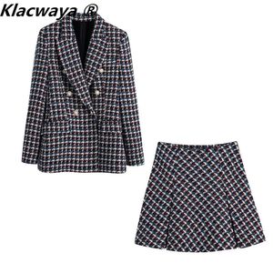 Klacwaya Tweed Suit 2ピースセット女性ダブル胸肉のブレザーオフィスレディチェックスーツスカートの女性ハイウェストスカート240226