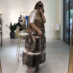 New Fashion Colored Yellow Wolf Raccoon Hair Sleeveless Long Style Loose Fur Coat For Women 219738