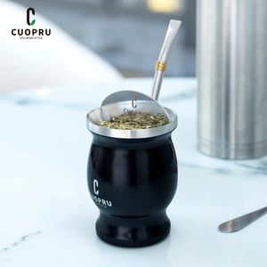 Yerba Mate Cup 304ステンレス鋼ダブルウォール8オンスアルゼンチンYerbaメイトがボンビラとクリーニングブラシとティーセパート240306