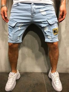 Verão dos homens estiramento rasgado calças de brim curtas streetwear bolso moda hip-hop azul magro denim shorts roupas marca masculino 240227