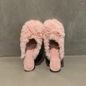 Dress Shoes Women's 911 Slippers Heels Winter Cotton Women Warm Plush Loafers Comfy Curly Sheep Fur Flats Woman 73475