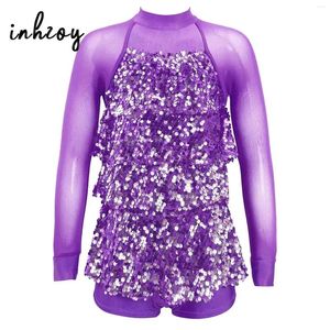 Palco desgaste crianças meninas brilhantes lantejoulas jazz dança latina collant vestido ginástica macacão malha manga longa moderno ballet dancewear biketard