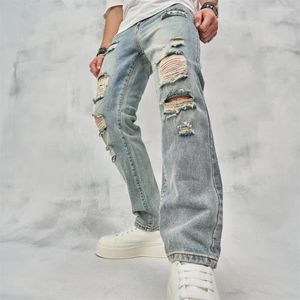 Calças de brim masculinas primavera homens soltos rasgados em linha reta magro azul calças masculinas high street hip hop angustiado elegante jogging denim calças