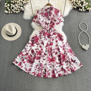 Vestidos casuais nova pista de verão flor borboleta camisa vestido para mulheres manga curta com cinto vintage impressão praia festa midi vestidos 2024