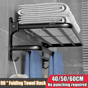 Towel Rack 4060 CM Folding Holder With Hook Bathroom Accessories Wall Mount Rail Shower Hanger Aluminum Bar Matte Black Shelf 240325