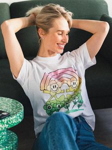 レディースTシャツレインボーレタープリントTシャツ女性服夏カジュアルラウンドネック半袖Tシャツシンプルファッション女性ティー2024