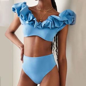 Kvinnors baddräkt solid set kvinna 2 stycken bubblande hals hög midja bikini elegans smal fit sommar strand modeini 240227