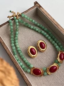 Brass Vintage Natural Green Jade Beads Chain Necklace Women Jewelry Punk Designer Runway Gown Boho Japan Korean 240306