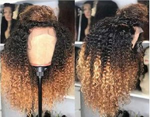 Ombre Blonde Kinky Curly Silk Top Полный парик шнурка с натуральными линиями волос 100 Необработанные парики из человеческих волос Отбеленные узлы Lace Front5997089